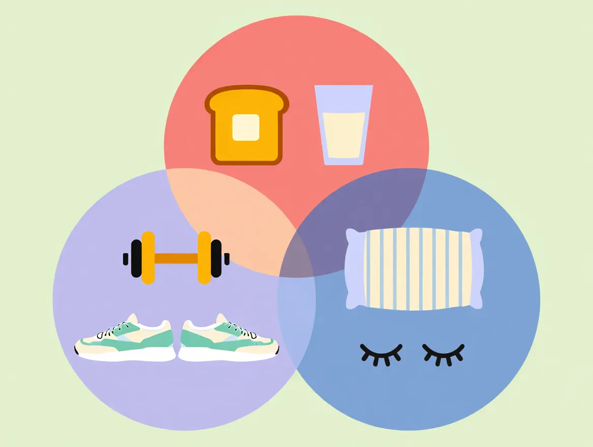 Illustration of balanced lifestyle elements including nutrition, movement, and rest