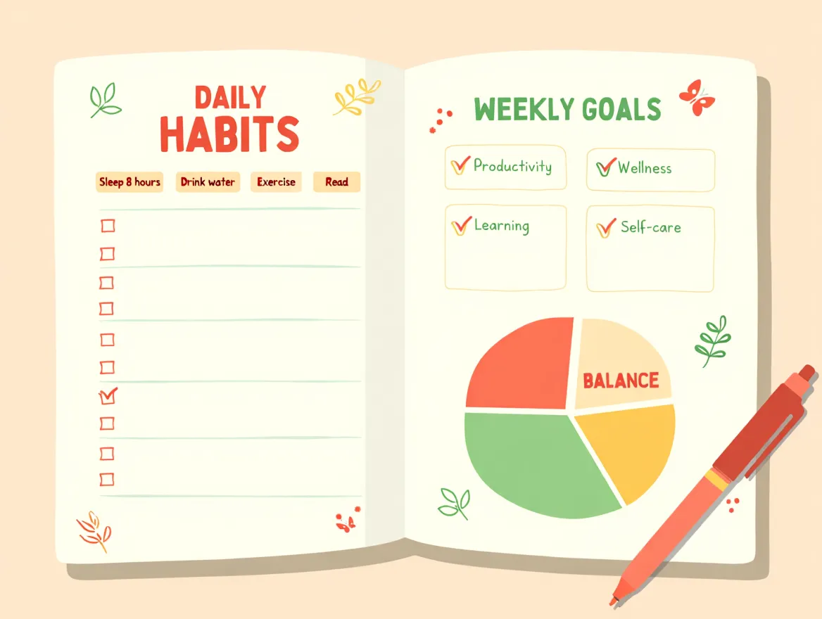 Illustration of daily habit tracking and lifestyle balance concepts